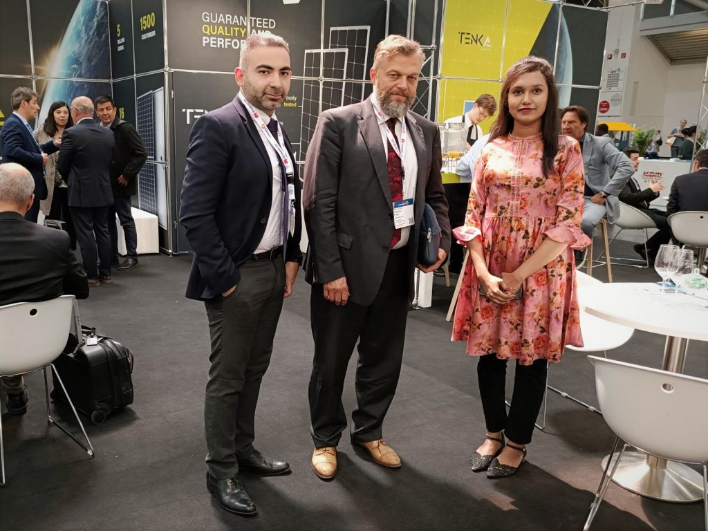 Behzad Aghababazadeh and Thomas Frank from enpowerlife and Farhana Chowdhury from Tenka Solar at Intersolar Europe 2022 in Munich, Germany.